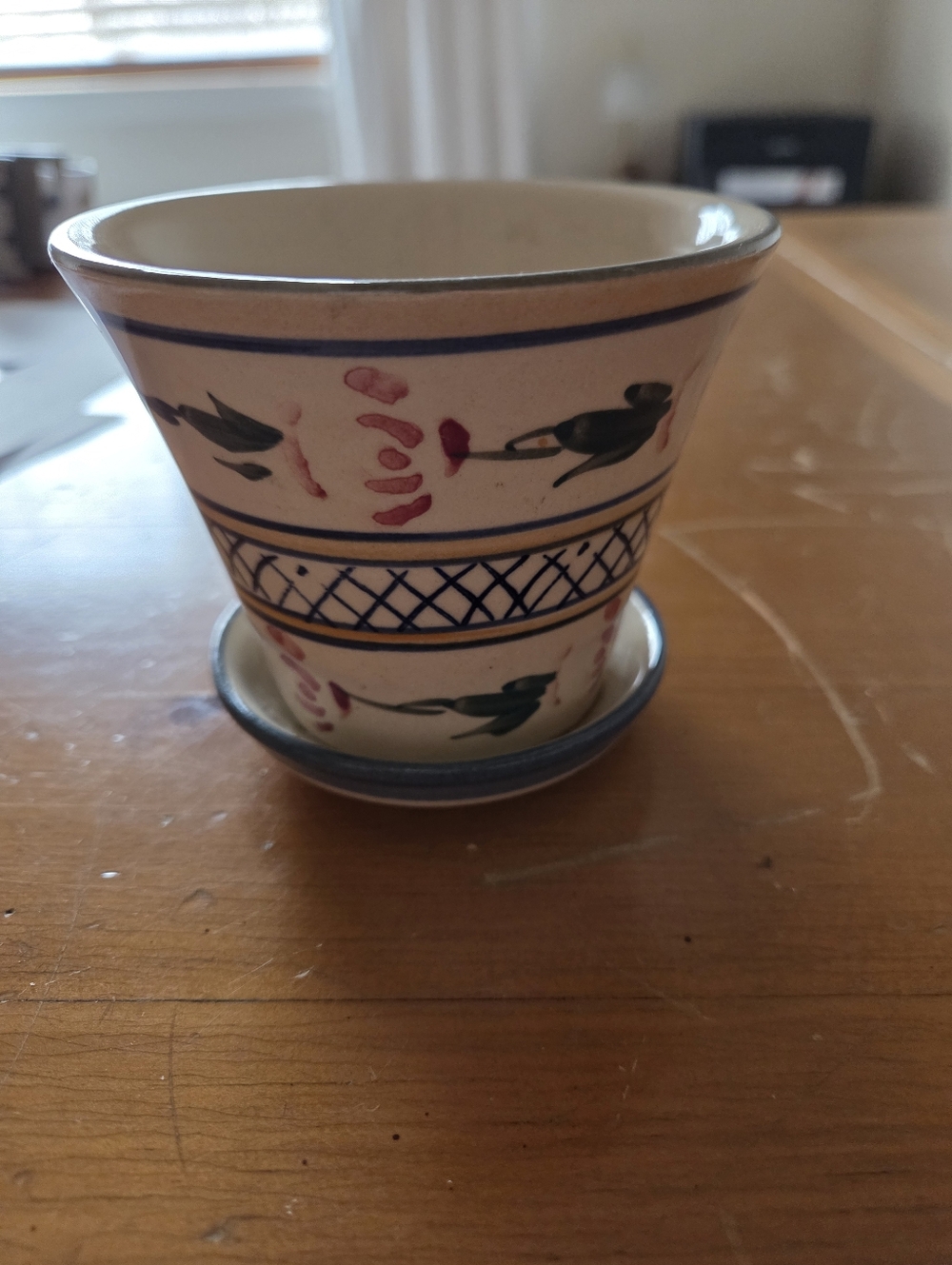 Ceramic Flower Pot With Attached Drainage Tray Floral And Trellis Design